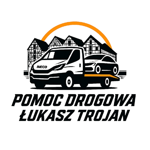 Logo Pomoc Drogowa Łukasz Trojan przedstawiające czarną sylwetkę lawety (holownika) marki Iveco, przewożącej uszkodzony samochód osobowy. W tle zarys budynków, a całość otoczona jest pomarańczowym półokręgiem. Pod spodem napis "POMOC DROGOWA ŁUKASZ TROJAN".